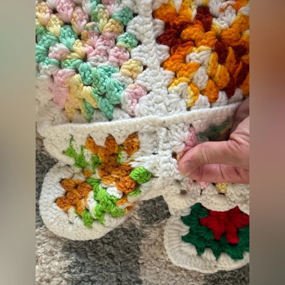 VTG Granny Square Blanket Afghan Crochet Hand Made Patchwork Multi Color Beige